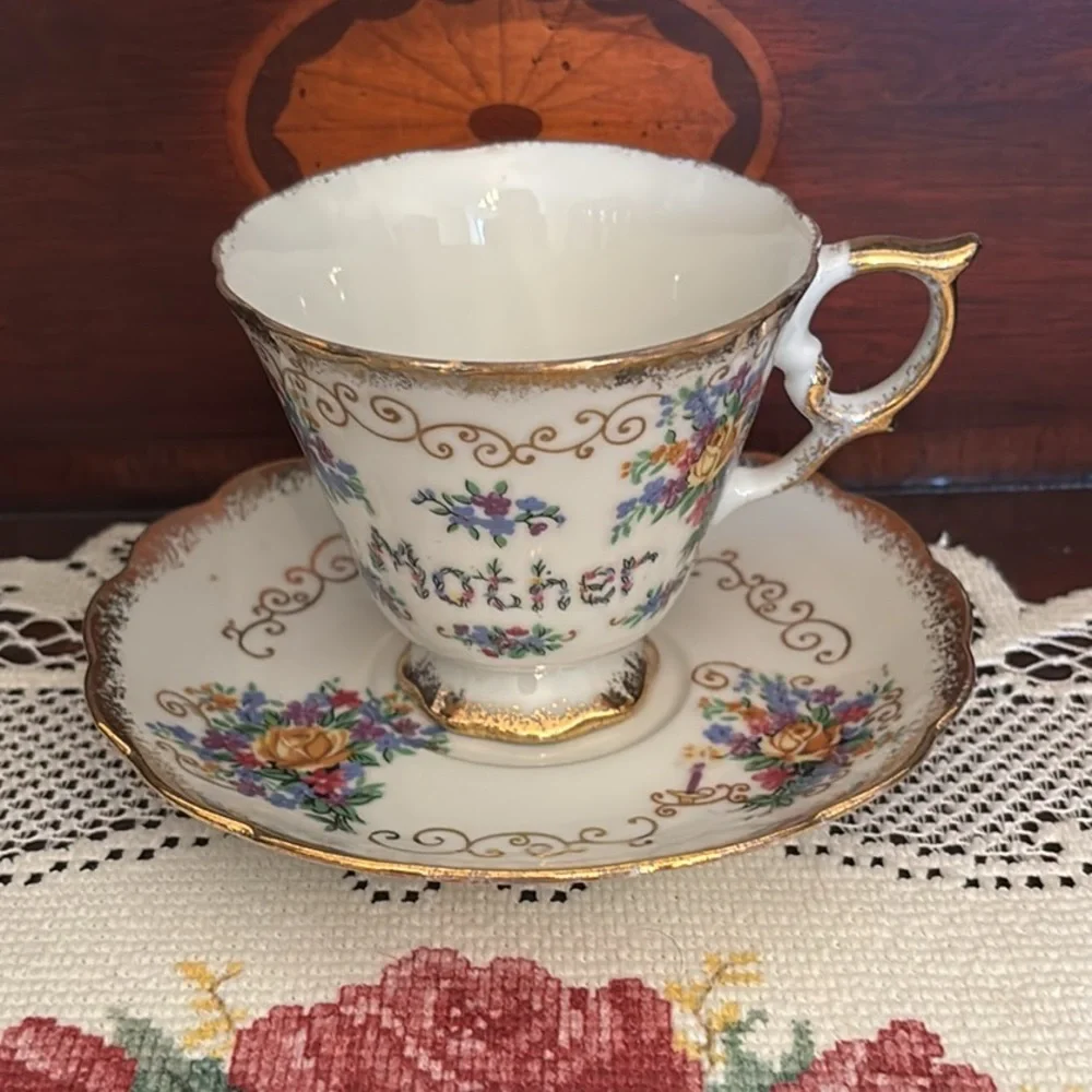 Mother Floral Tea Cup and Saucer Set Chase Made in Japan Gold Flowers Tea Party